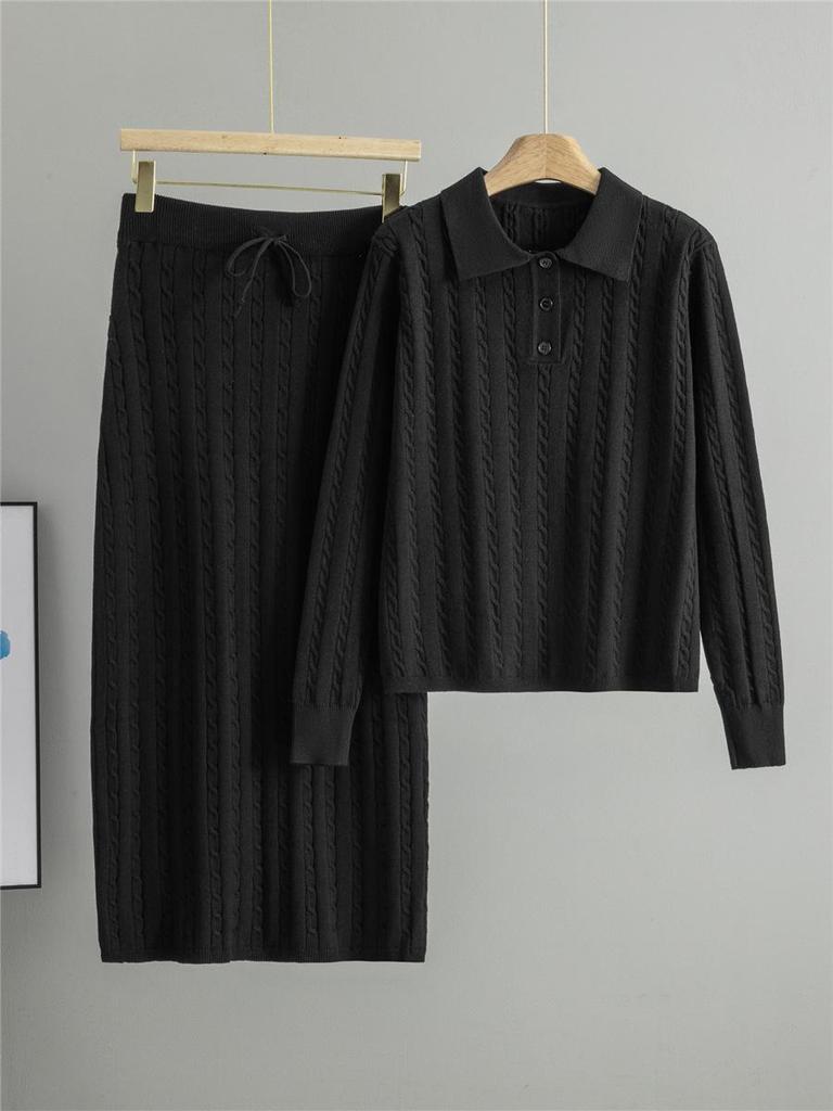 Korean-Style Two-Piece Set: Polo Collar Cable Knit Top & Sweater Skirt for Spring/Autumn