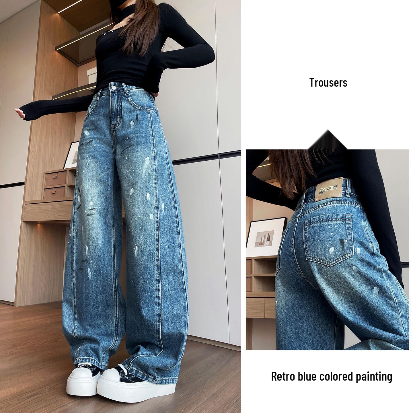 

Women s Ink Splash Paint Graffiti Wide-Leg Jeans, 2026 Spring/Autumn High Street Style, Loose Straight-Leg Pants 2X Large