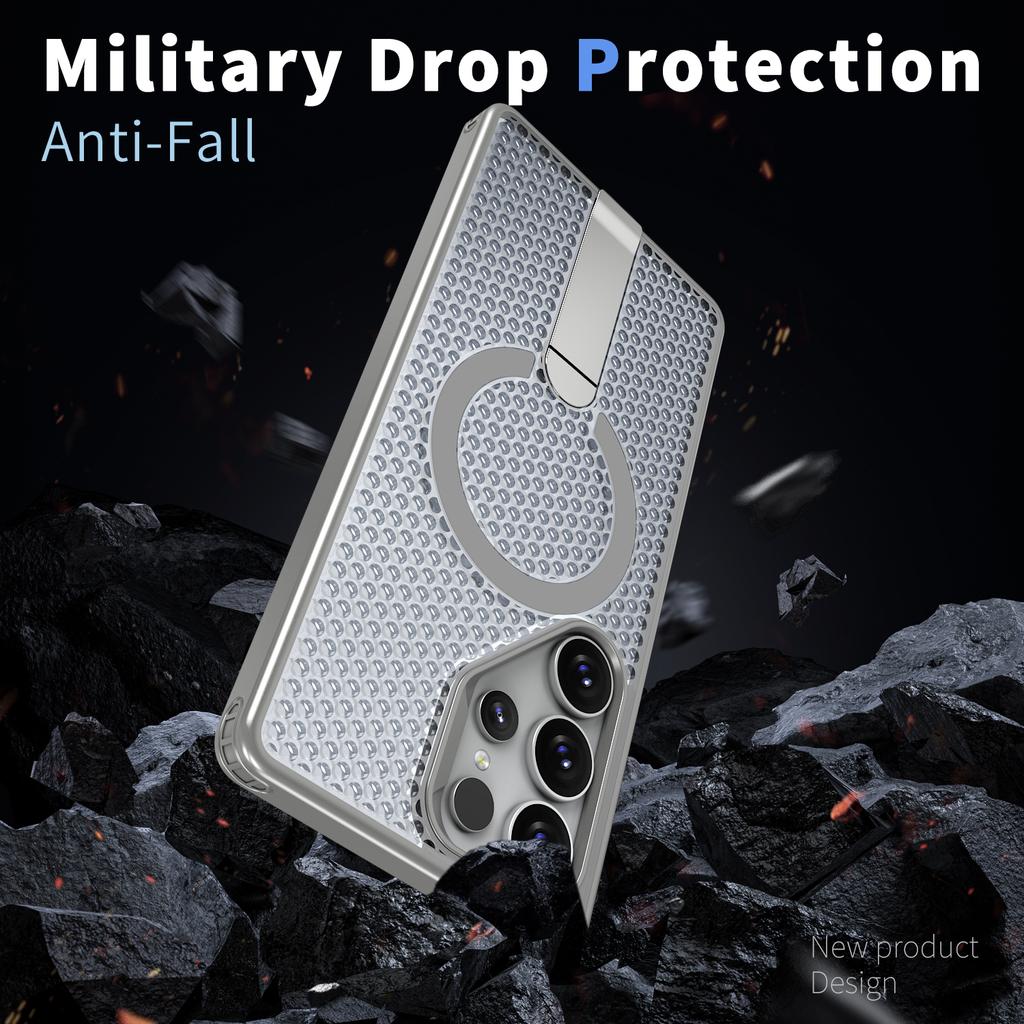For Samsung Galaxy S25 Ultra Magnetic Case Kickstand Grid Texture TPU PC Phone Back Cover