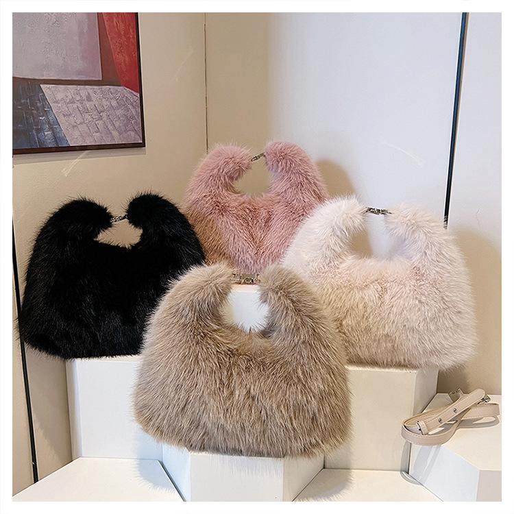Soft Plush Casual Women's Crossbody Bags Faux Fur Sweet Ladies Big Shoulder Bag Solid Color Winter Furry Female Handbags Tote