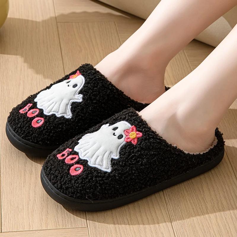 

Fashion Cute Embroider Thick Plush Slippers Women Winter 2025 Indoor Keep Warm Slides Woman Closed Toe Flat Heel Cotton Padded Shoes 44-45 чёрный