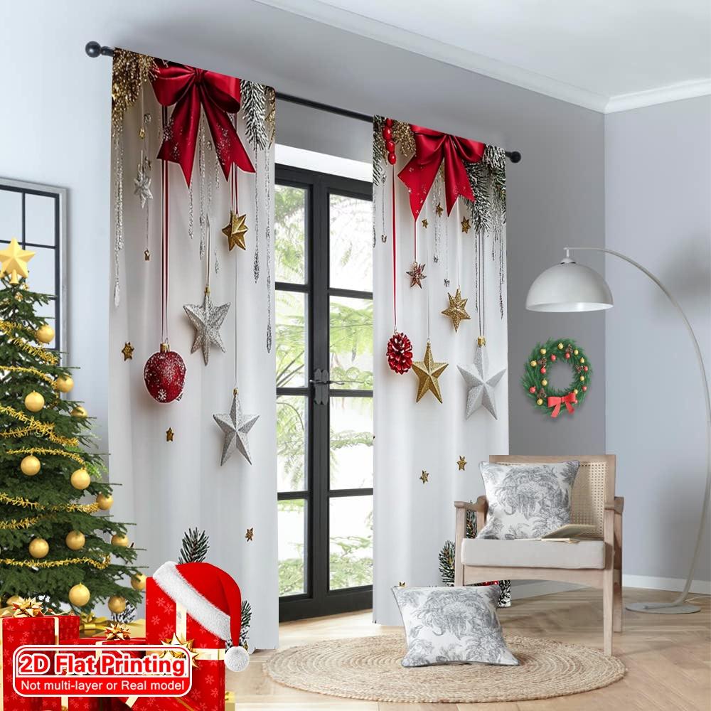 2D Flat Printing 2pcs Christmas Window Curtains Christmas Pine Branch Versatile 100% Polyester Without Electricity Festive Wall