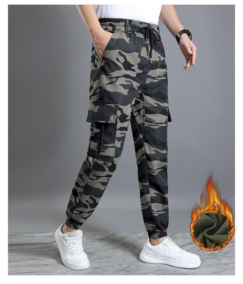 Męskie Grube Odporne na Ścieranie Spodnie Robocze w Kamuflażu - Casualowe i Luźne, z Dodatkiem Weluru na Zimę