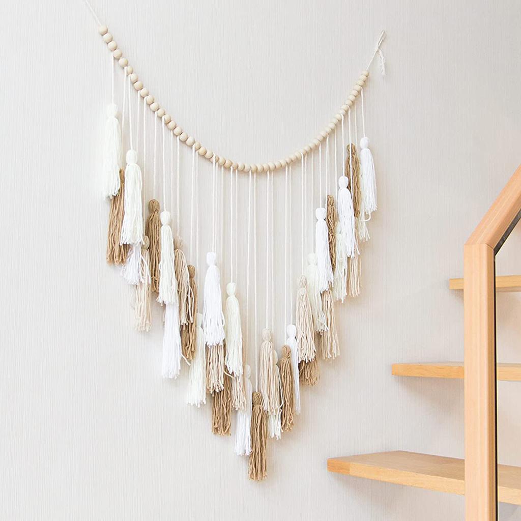 1pcs Bohemian Macrame Wall Hanging with Wood Beads & Fringe, Cotton Rope Woven Tapestry for Home Decor