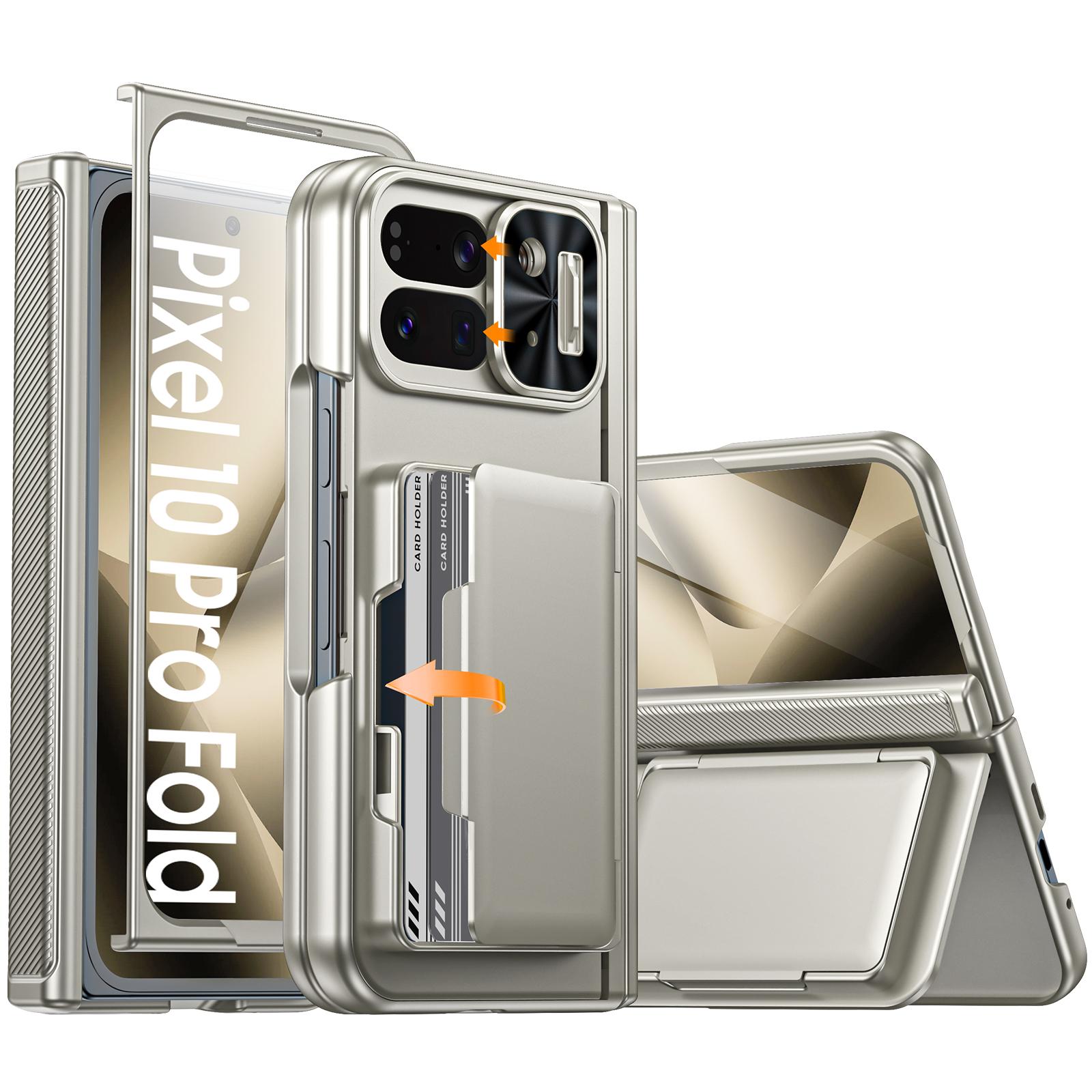 

For Google Pixel 10 Pro Fold Phone Case with Card Holder[RFID Blocking]Camera Cover,Hinge Protection,Hidden Kickstand,Screen Protector-Gold