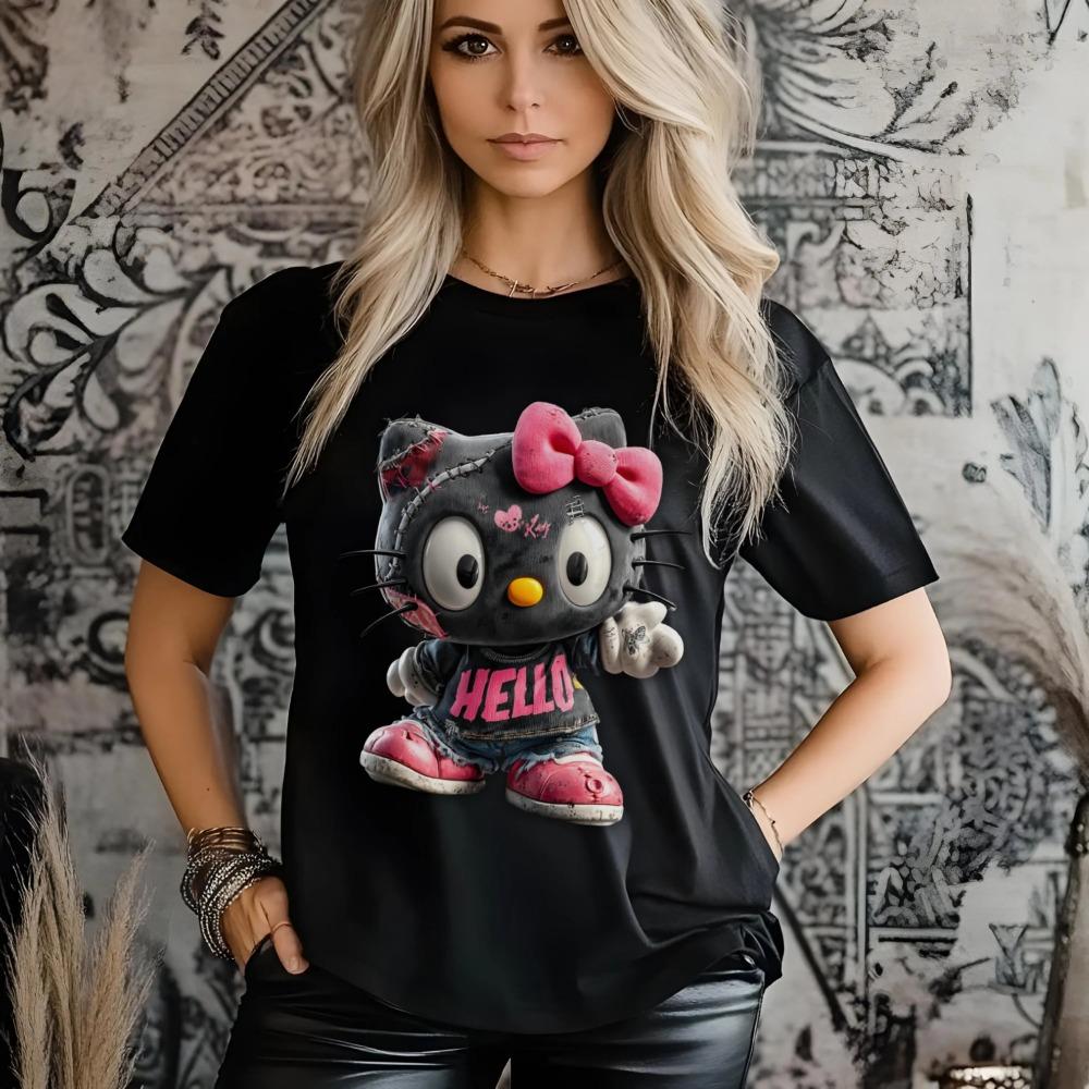 Hello Kitty T-shirt - Gothic-style Cat Pattern T-shirt | with A Pink Bow Pattern on The Shirt XXS