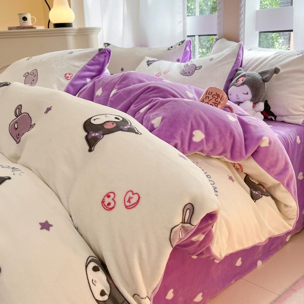 Children'S Thickened Milk Fleece Bed Four-Piece Warm Coral Fleece Fleece Quilt Cover Student Bedding