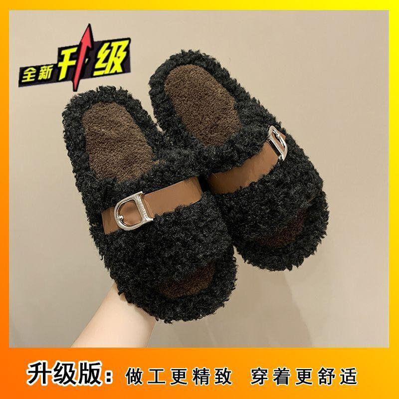

One-word cotton slippers women s thick-soled versatile casual fluffy slippers wear autumn and winter new high-end sense 36-37