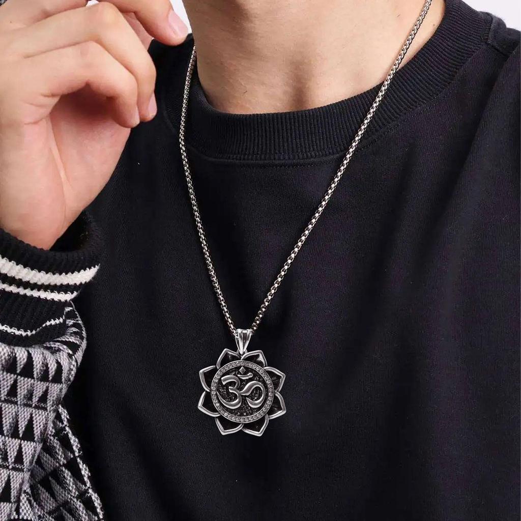 Xiweier Retro Lotus Pendant Necklace with Copper and Zircon for Men and Women