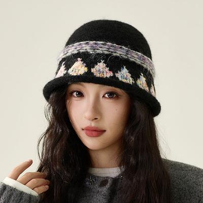 Fisherman Hat Women's Autumn Winter Vintage Color Jacquard Knitted Hat Warm Basin Hat