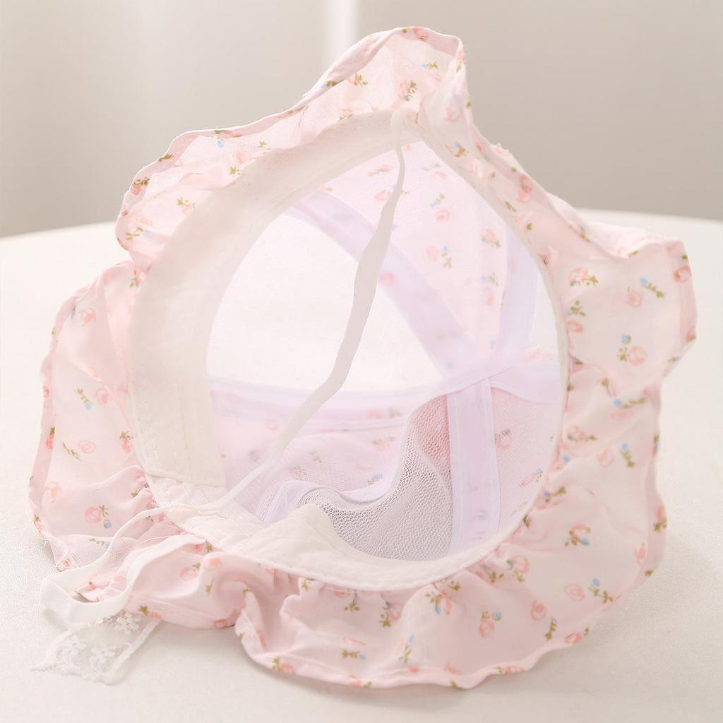 Sweet Floral Print Baby Girl Sun Hat Summer Thin Mesh Breathable Fisherman Cap for Toddler Girls Ruffle Brim Sun Visor Hats