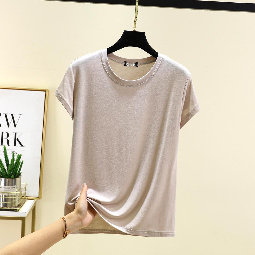 Damski bawełniany T-shirt z krótkim rękawem w jednolitym kolorze – Casualowy luźny krój, prosty letni styl