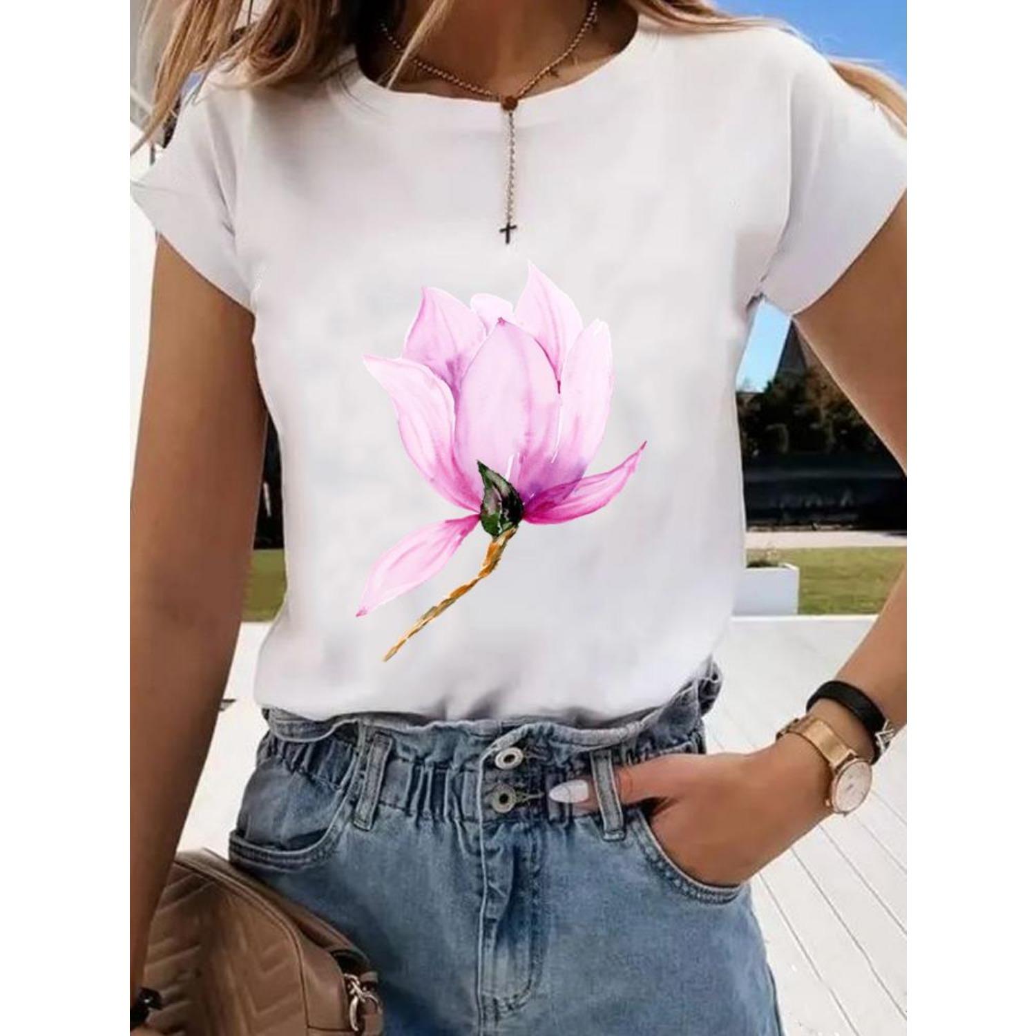 

Цветочный милый и симпатичный модный принт женская одежда с круглым вырезом футболка с коротким рукавом повседневный топ XL