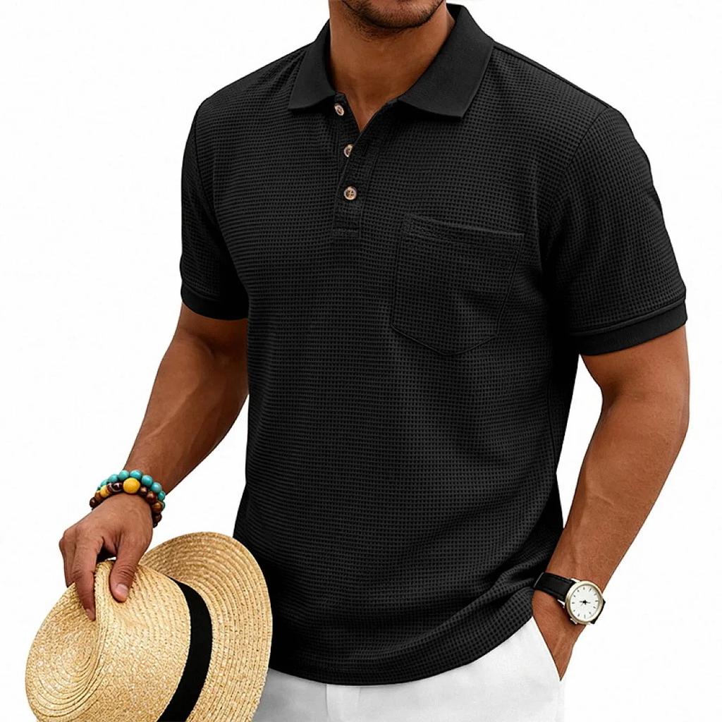 Men's Waffle Knit Polo Shirt Short Sleeve Casual Button Down Polos Men Solid Business Style Tees Tops