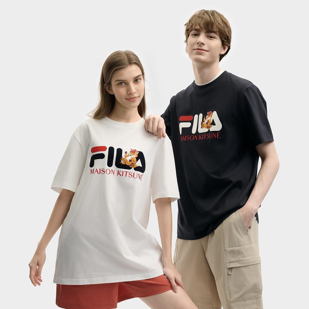 Fila X Maison Kitsune Classic Fox Casual Fashion Versatile Sports Short Sleeve T-Shirt Men Tops Cloud-White F11M529101F-WT