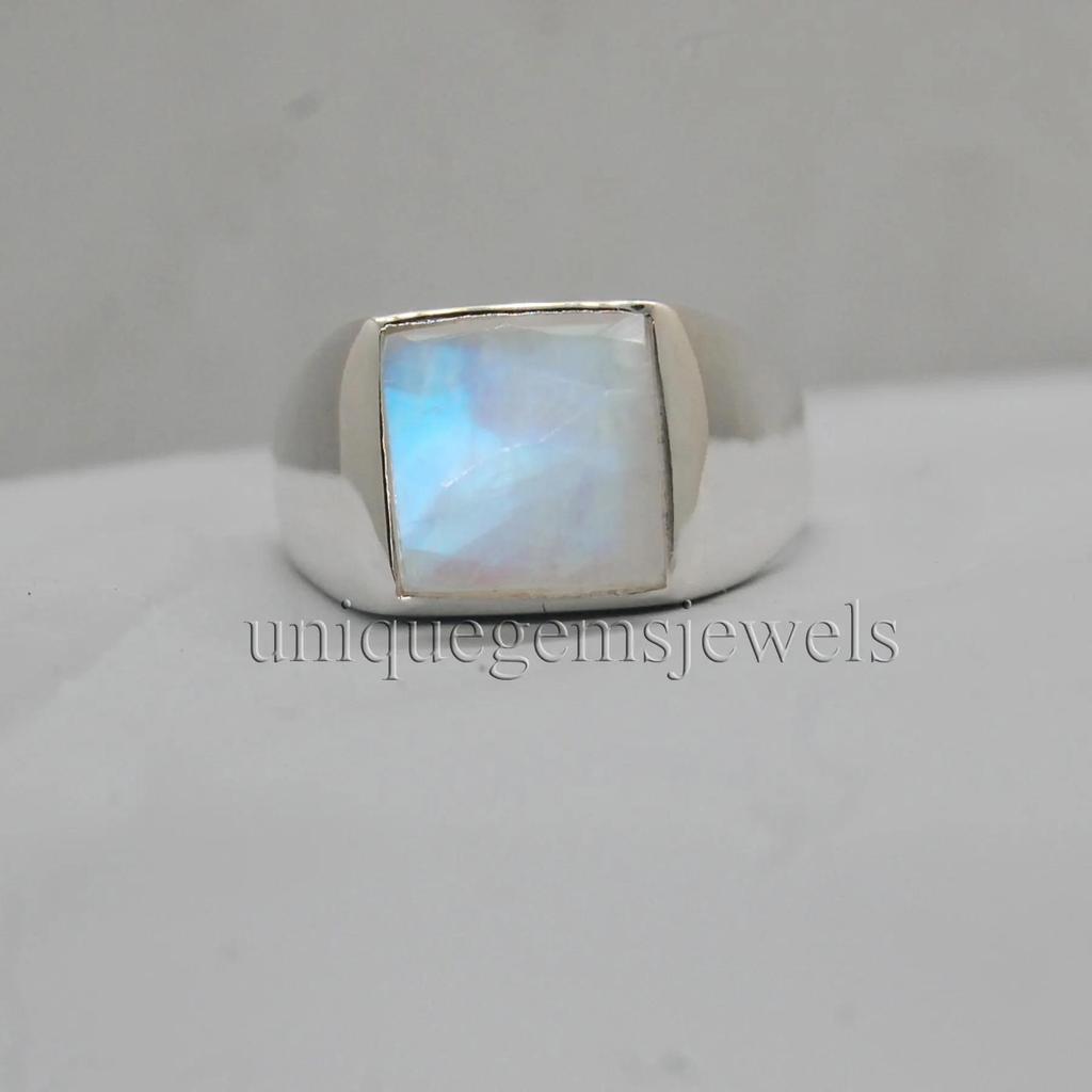 Square Rose Cut Blue Fire Rainbow Moonstone 95 Sterling Silver Ring Jewelry, Unisex Handmade Artisan Gift Ring
