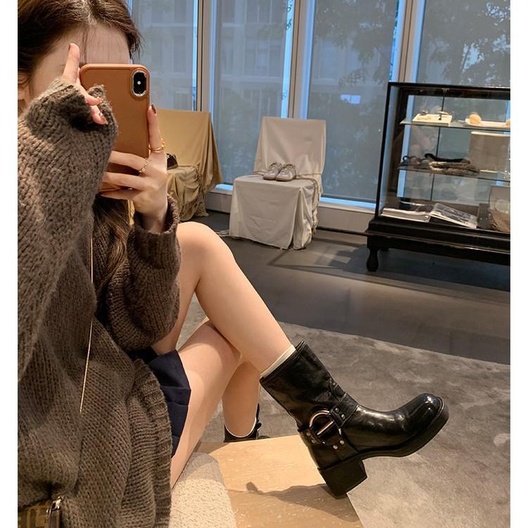 Studiolee metal buckle round head retro leather locomotive thick heel western short boots 2024 new
