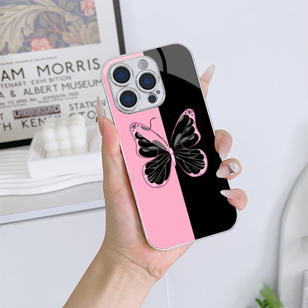 N143 Butterfly Art Phone Case for iPhone 16 15 Pro Max Samsung S24 S23 Ultra A54 A35 A52 Xiaomi Redmi Note 13 12 Pro Plated Frame Tempered Glass Cover