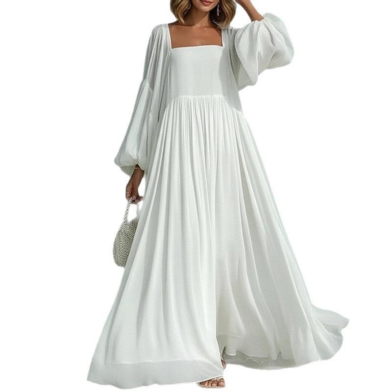 Women's Clothing, New Spring Models In Europe and America, Square Neck Lantern Sleeves, Casual Style Swinging Long Dress, Dress.