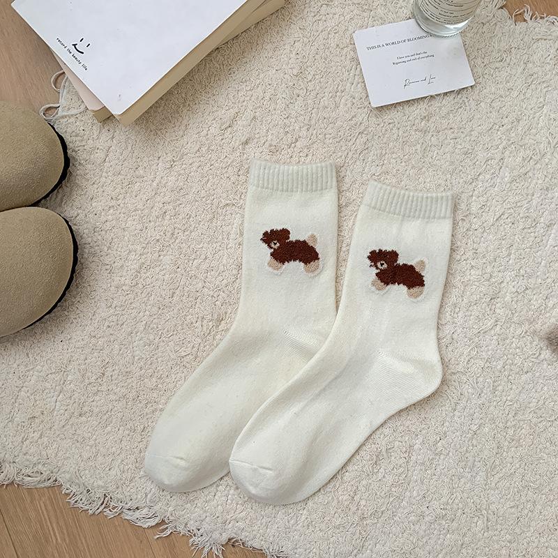 

Thick and Warm Cloud Fleece Bow Fleece Wool Socks for Autumn and Winter, Home Cartoon Floor Postpartum Socks 1 pair молочный белый