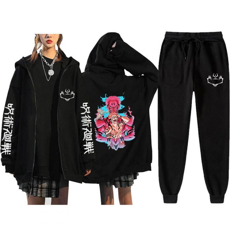Unisex Winter Casual Sport Set With Anime Print Hooded Zip-Up Sweatshirt Jogger Pants Cotton Blend