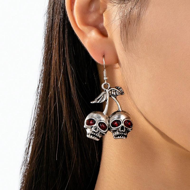 1 Pair Gothic Punk Style Cherry Skull Dangle Earrings, Skeleton Ghost Earrings Suitable for Women To Wear on Halloween