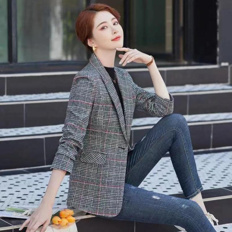 Slim Plaid Blazer Women Casual Spring Fall Jacket