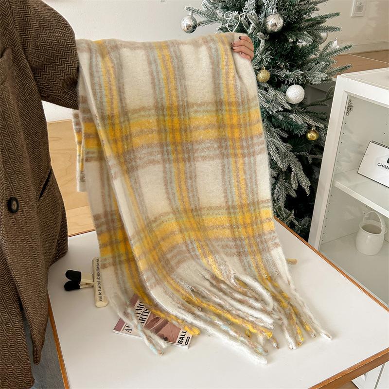 

Универсальный искусственный кашемировый мягкий и липкий клетчатый шарф с кисточками для женщин, зимний роскошный новый модный утолщенный теплый платок 40*200cm