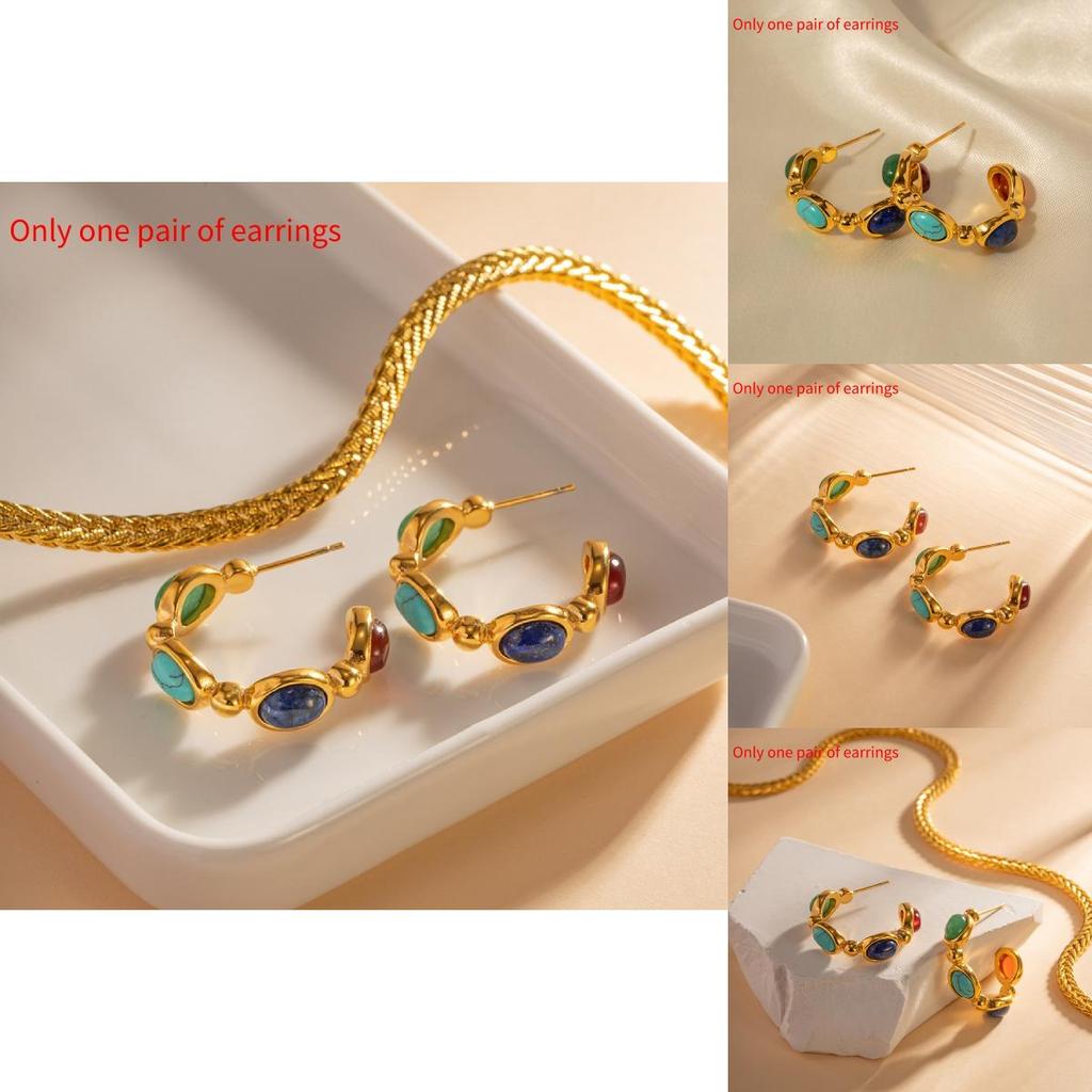 Fashionable And Versatile Stainless Steel Earrings With 18k Gold Plating Geometric Shape Embedded Natural Stone