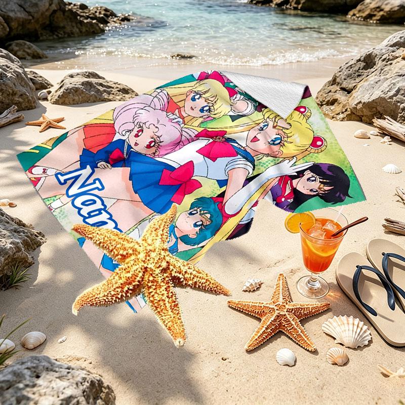 Custom Name Personalized Sailor Moon Print Beach Towel, for Trip Camping Beach Party Home Decor, Birthday Gift for Family & Friends