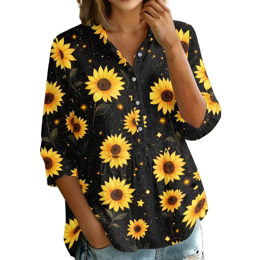 Women Button Front Collared Retro Floral Print Three Quarter Sleeve Loose Fit Shirt Blouse for Casual or Daily Wear
