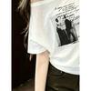 Lazy Wind One-word Shoulder Slanted Shoulder Printed T-shirt Women's Summer Loose and Thin White Short-sleeved Loose and Unique Beautiful Top