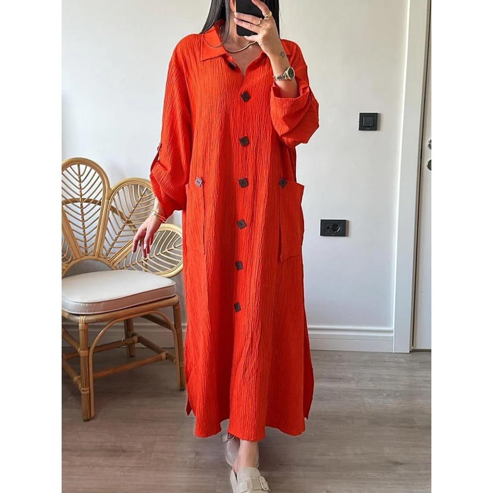 

Однотонная рубашка-платье Длинное платье Модное и повседневное Платье-кардиган с длинным рукавом для женщин S красный