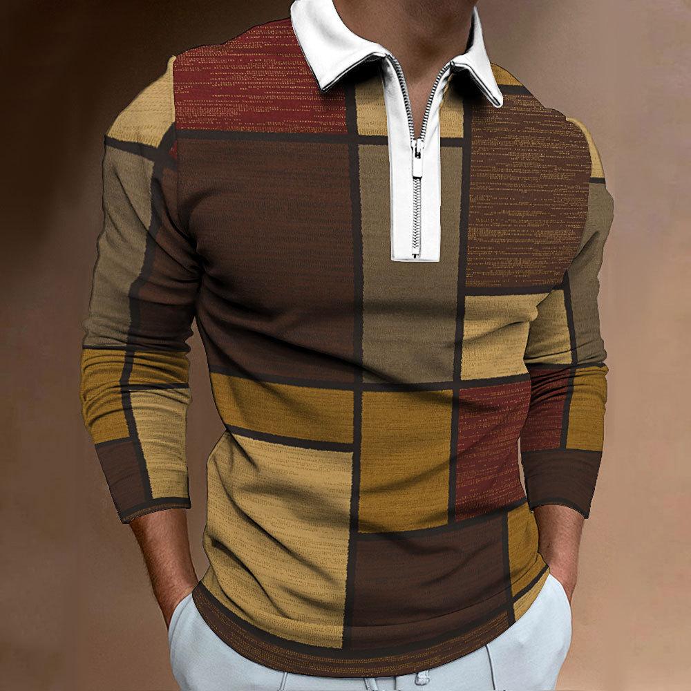 Men's Zip Casual Sweatshirt Slim Men's Plaid Digital Print Long Sleeve Polo Top