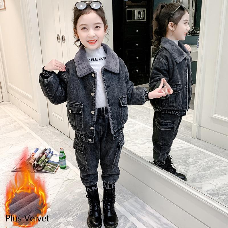 Girl's Clothing Set Girls Thickening Denim Sets Fashion Two-piece Suits Denim Jacket and Pant 2pcs Suit Plue Velvet
