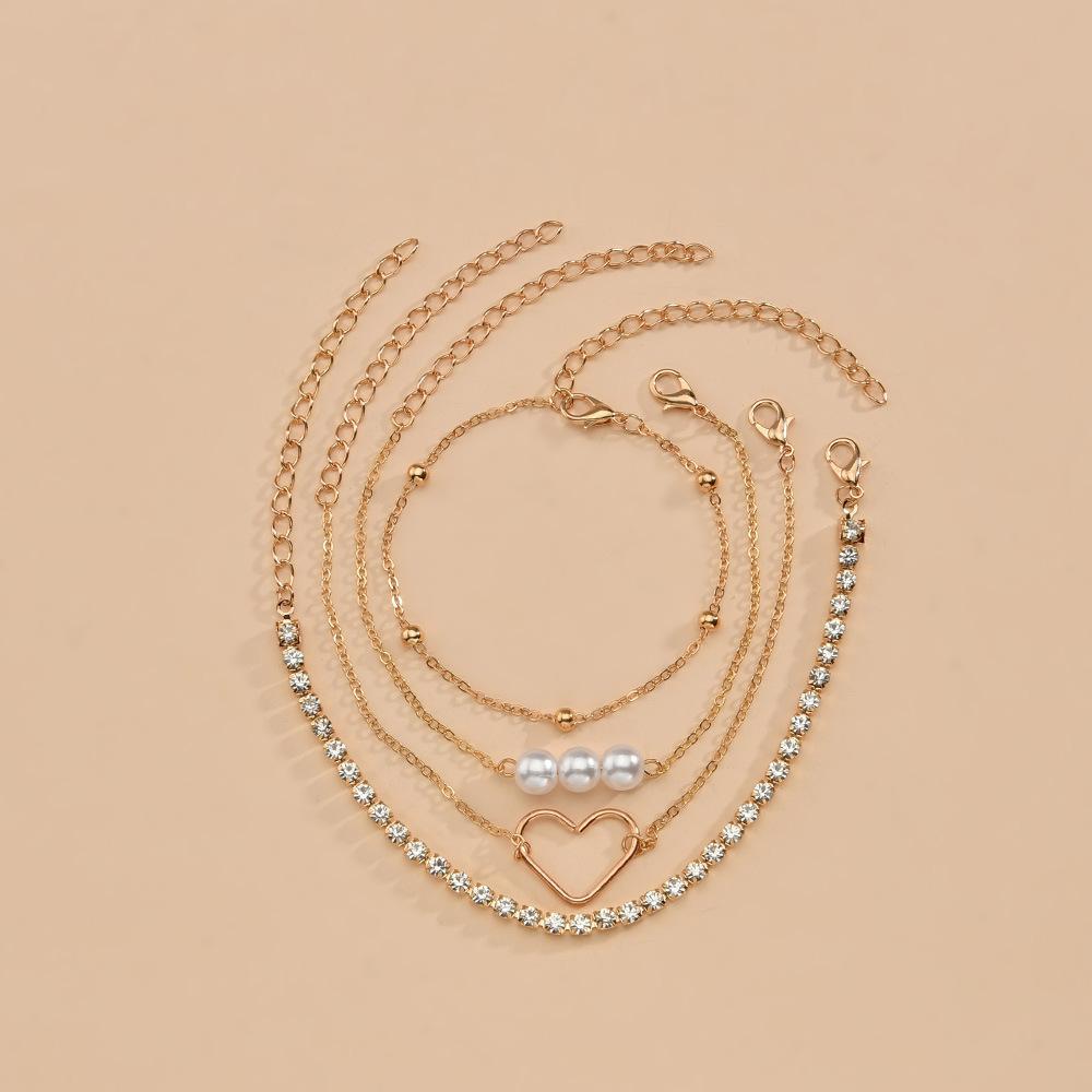 Iron Peach Heart Bracelet Elegant Temperament Multi-layer Rhinestone Pearl Bracelet Accessories
