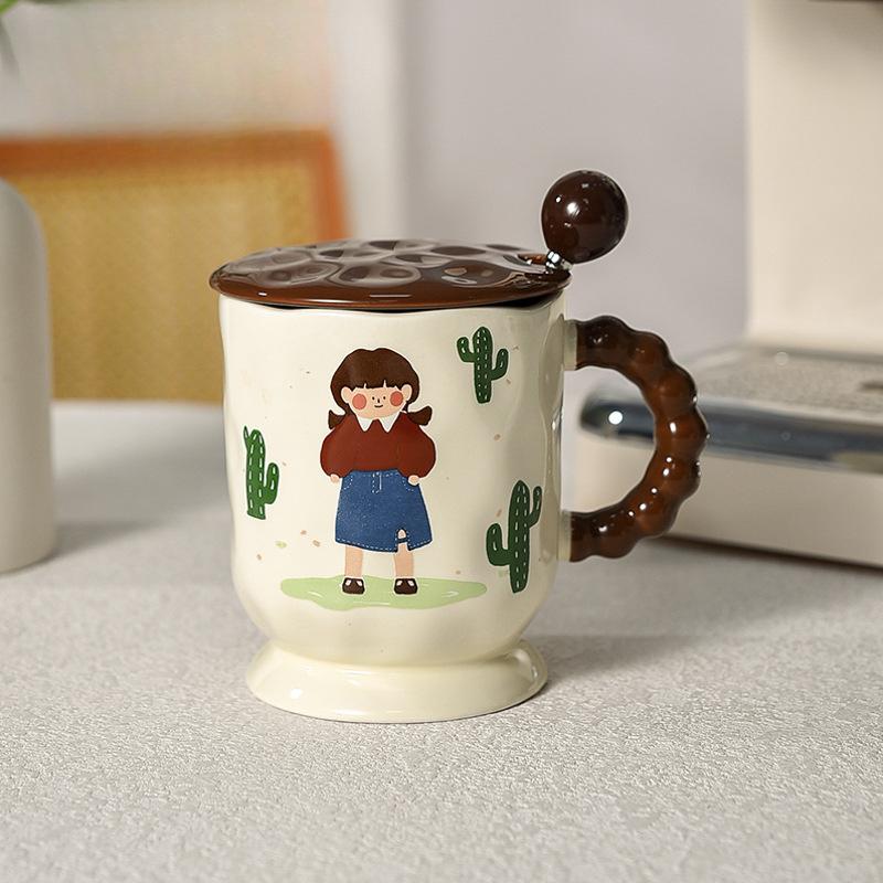 Cartoon Character Cute Mug with Lid and Spoon Retro Girl High Looking Ceramic Children's Cup for Drinking Water for Home Use