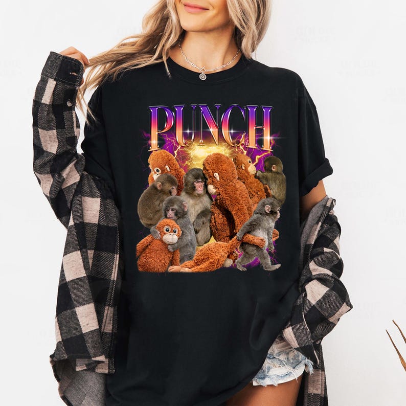 Monkey Punch Shirt Baby Monkey Holding Plush Toy Animal Lover Gift M