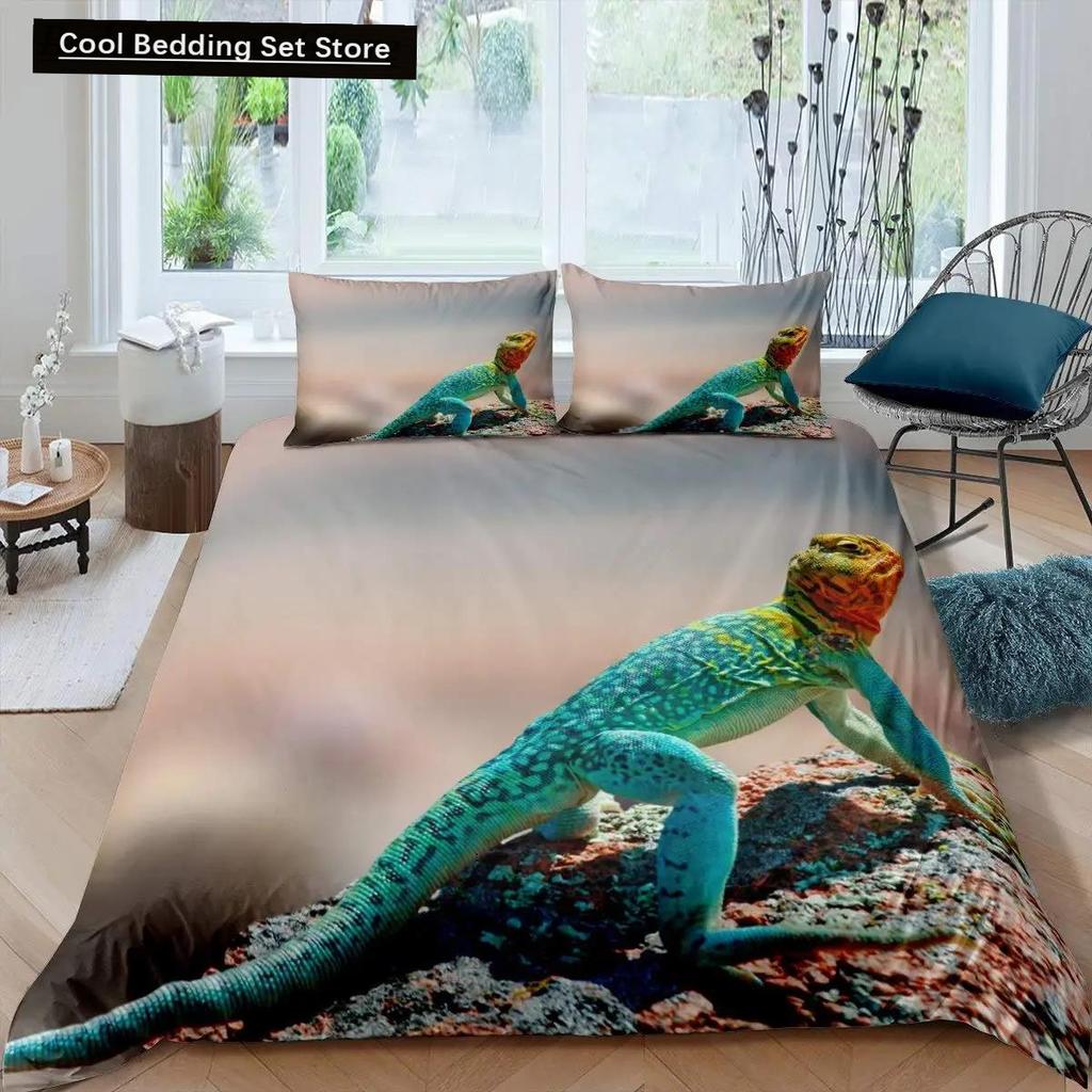 Kameleon Zestaw Poszwy na Kołdrę Motyw Dzikich Zwierząt 3D Zestaw Pościeli na Łóżko Pojedyncze Poszwa na Kołdrę Dzikiej Przyrody Chłopcy Zielony Liść Poliestrowa Poszwa na Kołdrę