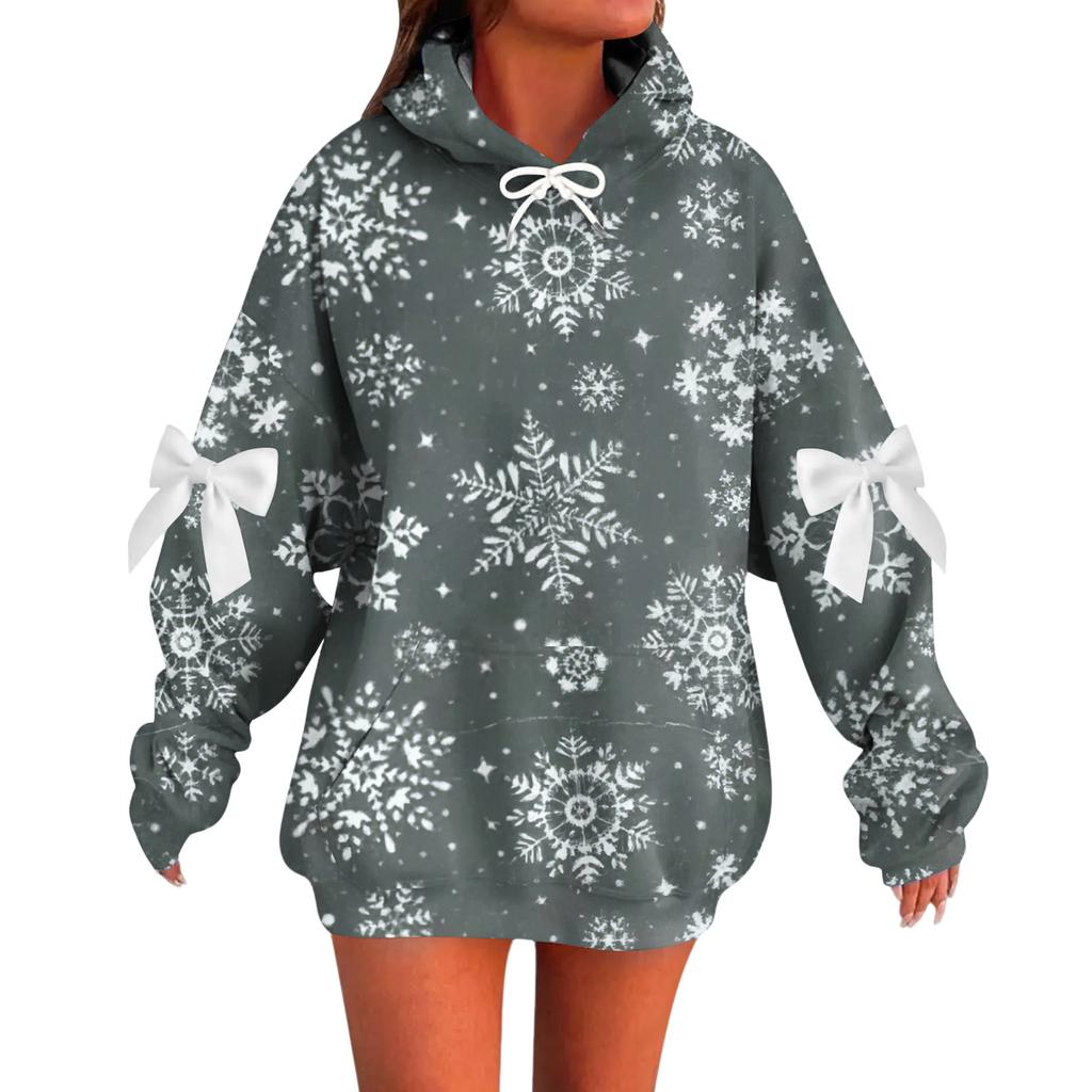 Ladies' Christmas Printed Bow Long Sleeved Loose Fitting Headband With Rope Hooded Sweatshirt Top