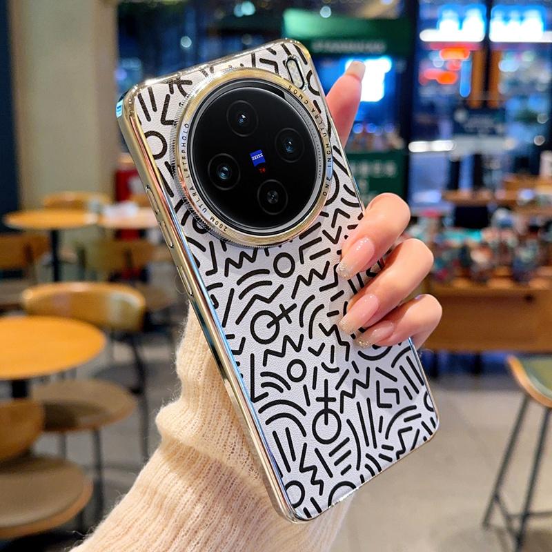 

For VIVO X100 X100S X100 Pro X100 Ultra Plated Graffiti Large Hole Metal Lens Ring Anti-Fingerprint Anti-Drop Phone Case For VIVO X100 Ultra
