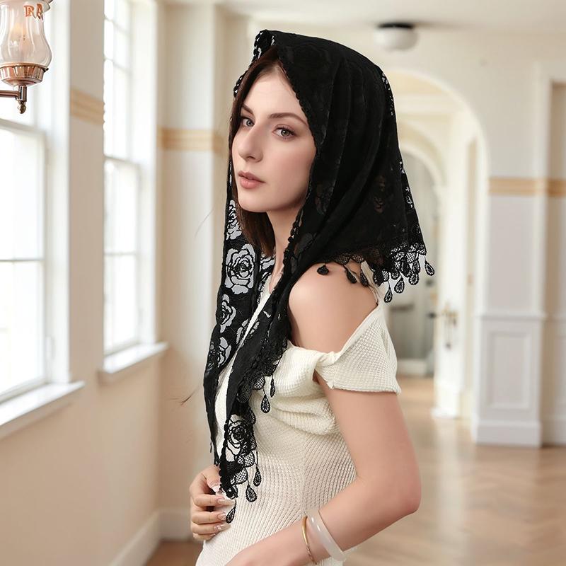 Women Church Shawl Lace Veil Polyester Scarf Bandana Church Prayer Wedding Mantilla Chapel White Embroidered Hijab Girl Scarf
