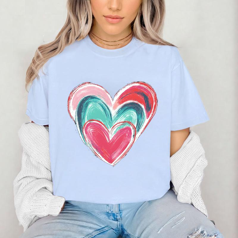 2026 New Girl's Colorful Love Printed Cotton Adult and Children's Couple T-shirt Summer Fashion Loose Sports Daily Short Sleeve
