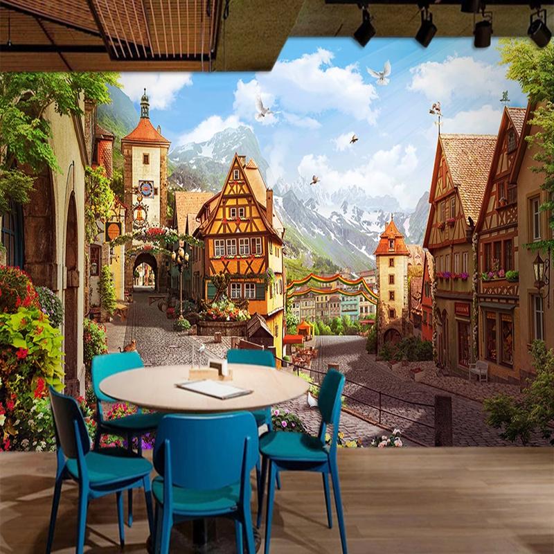 Mural European Style Town Street Scenery 3d Wallpaper Living Room Restaurant Cafe Wall Decoration Mural