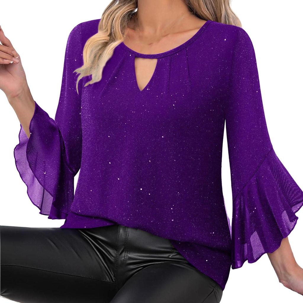 Women's Elegant Ruffled Shiny Stamped Seven-Sleeve Double Layer Mesh Top