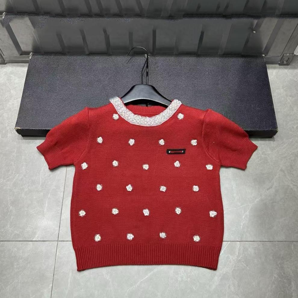 Miu-Style European High-Quality Early Spring 3D Floral Round Neck Knit Short-Sleeve Casual Pullover Top