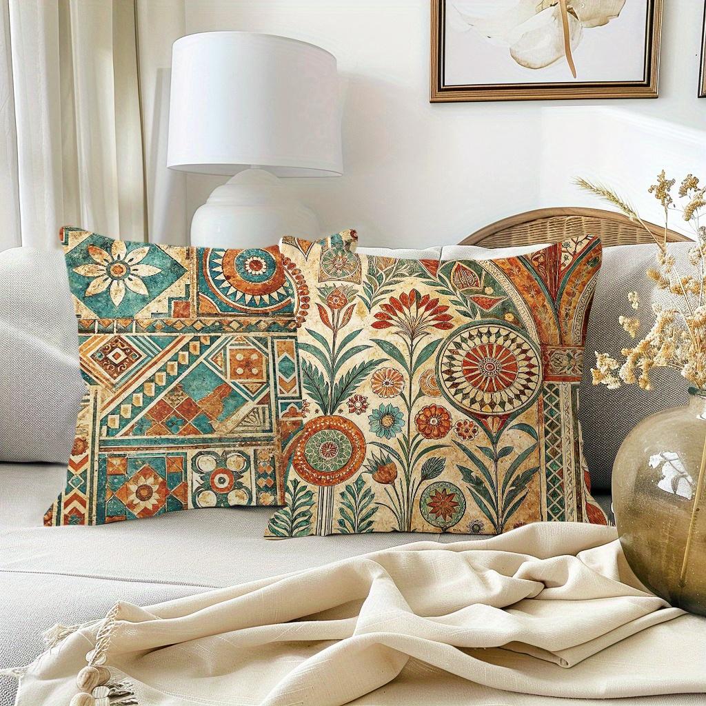 4pcs Linen Pillow Covers 45x45cm Ethnic Vintage Boho Cushion Cases Moroccan Tile Floral Pattern for Sofa Bed Decor Zipper