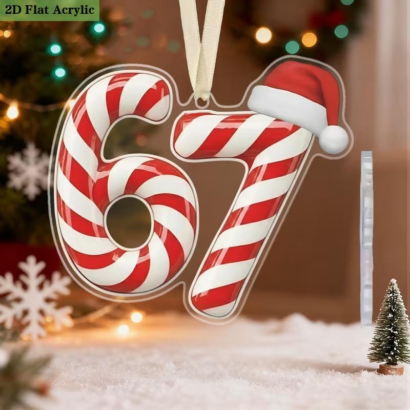 2pcs Number 67 Christmas Ornaments, Candy Cane Festive Pattern, Hanging Decor for Xmas Tree or Car Home Holiday Parties Easy To Hang Christmas Gifts
