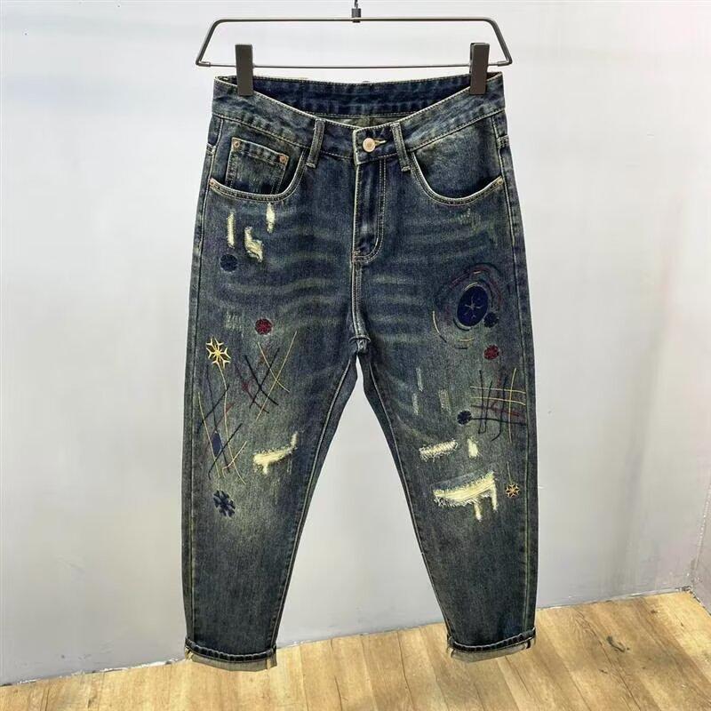 JYL Men s Straight Jeans American High-Street Ripped Patch Denim 33