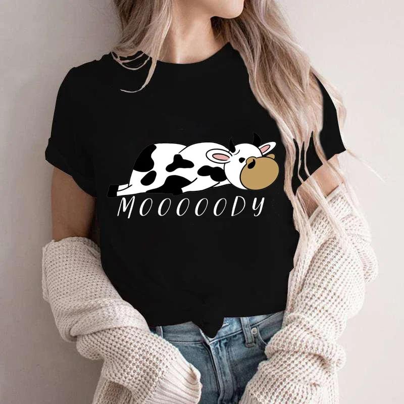 

Moooody Женская одежда с принтом коровы, футболка с коротким рукавом, эстетичная одежда, уличная одежда, модные футболки Lazy Cow для женщин 4XL